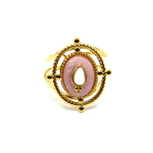 Bague-Pierre-Rose-Motif-Pique-et-Contour-Ovale-Torsade-Acier-Dore