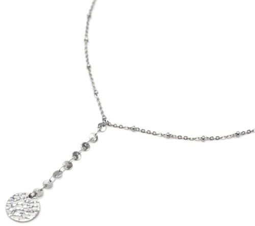 Collier-Chaine-Billes-Pendentif-Y-Cercles-et-Medaille-Martelee-Acier-Argente