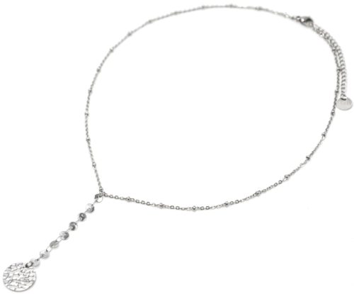 Collier-Chaine-Billes-Pendentif-Y-Cercles-et-Medaille-Martelee-Acier-Argente