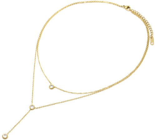 Collier-Double-Chaines-avec-Pendentifs-Pierres-Contour-Acier-Dore