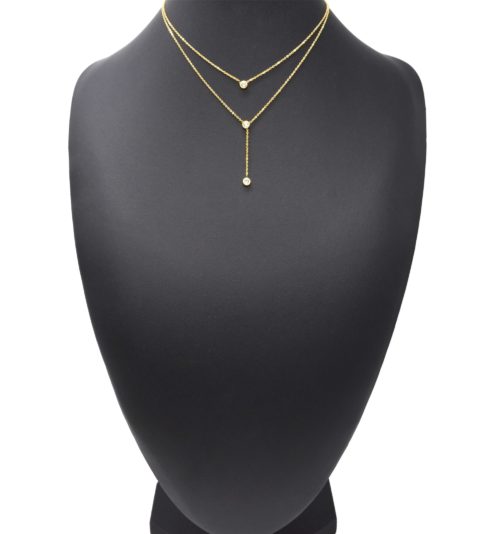 Collier-Double-Chaines-avec-Pendentifs-Pierres-Contour-Acier-Dore