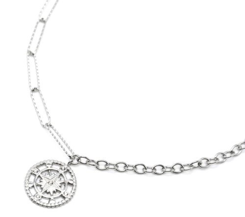 Collier-Chaine-Maillons-Mixtes-Pendentif-Boussole-Etoile-Acier-Argente-et-Strass