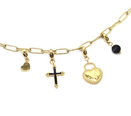 Charms-Coeur-Croix-Cadenas-Pierre-Acier-Dore