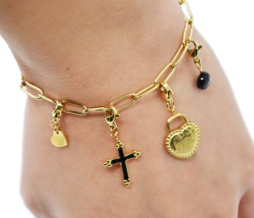 Charms-Coeur-Croix-Cadenas-Pierre-Acier-Dore