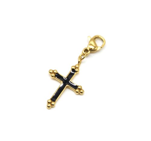 Charm-Croix-Email-Noir-Contour-Acier-Dore