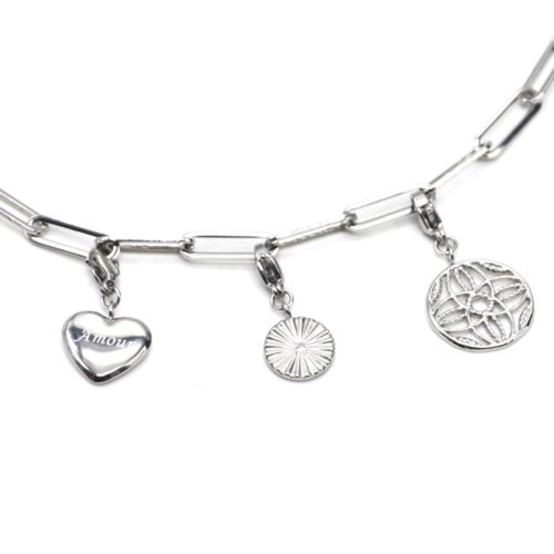 Charms-Coeur-Amour-Medaille-Rayons-Rosace-Acier-Argente