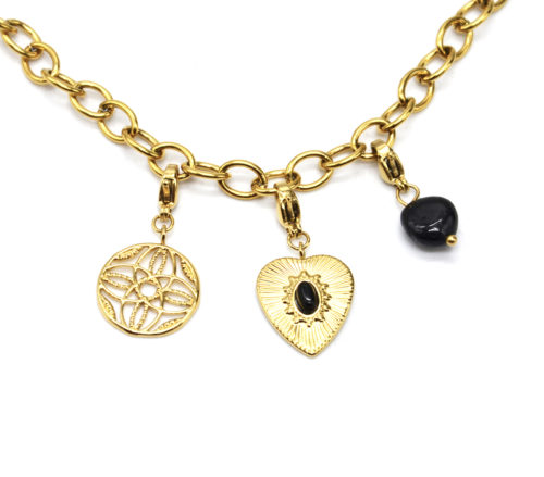 Charms-Rosace-Coeur-Pierre-Noire-et-Pierre-Noire-Acier-Dore