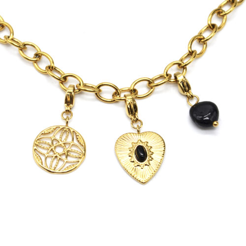 Charms-Rosace-Coeur-Pierre-Noire-et-Pierre-Noire-Acier-Dore