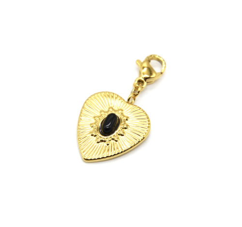 Charm-Coeur-Motif-Rayons-Soleil-Acier-Dore-et-Pierre-Noire