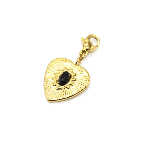 Charm-Coeur-Motif-Rayons-Soleil-Acier-Dore-et-Pierre-Noire