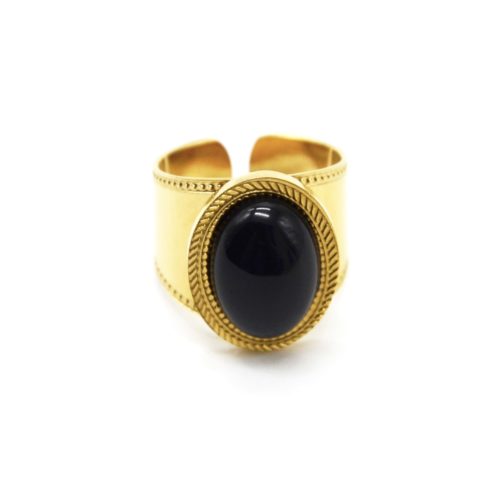 Bague-Manchette-avec-Pierre-Ovale-Noire-Contour-Acier-Dore