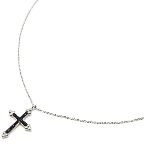 Collier-Fine-Chaine-Pendentif-Croix-Acier-Argente-et-Strass-Noir