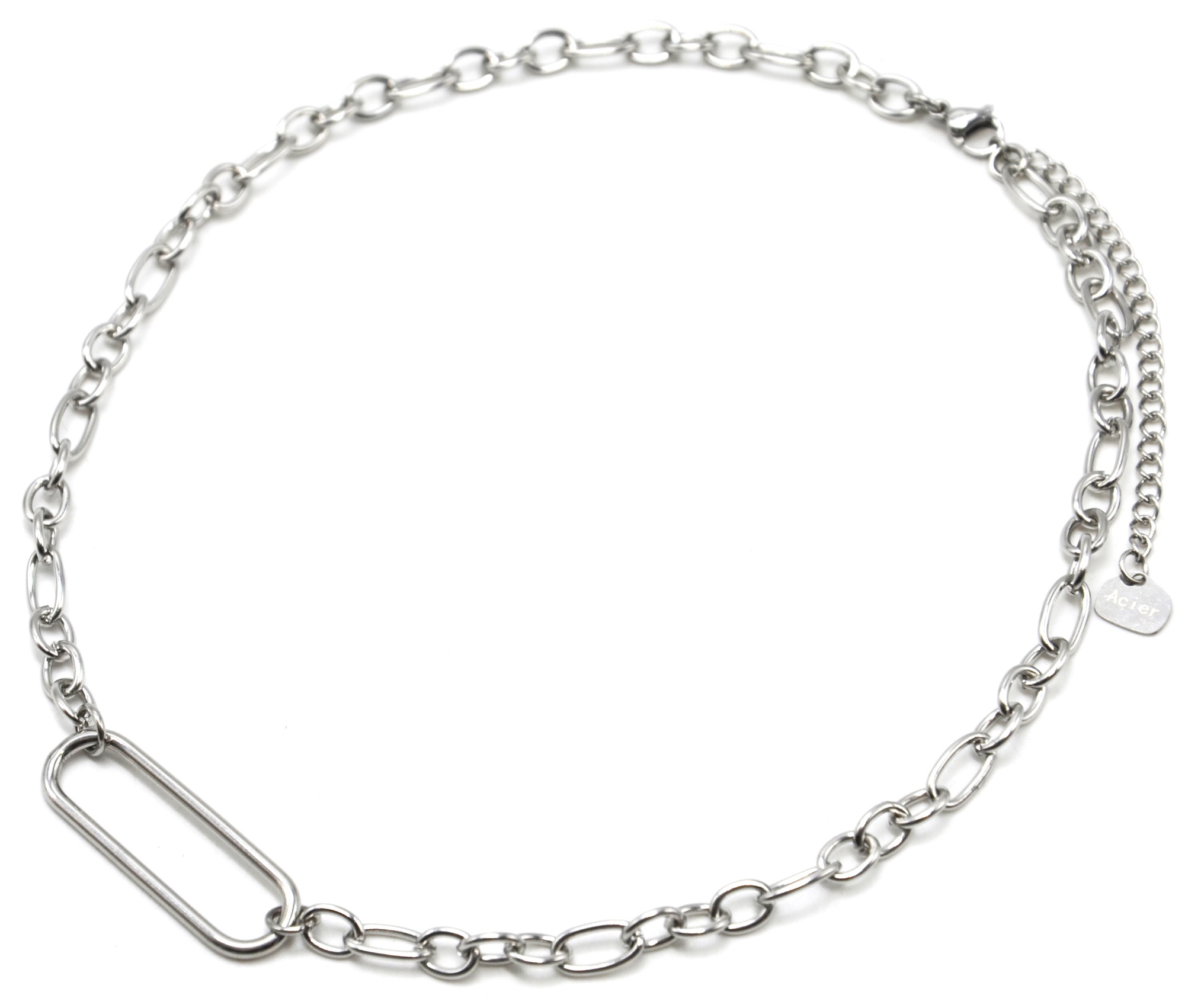 Collier-Chaine-Maillons-et-Rectangle-Arrondi-Acier-Argente