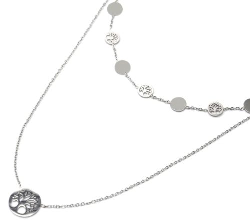 Collier-Double-Chaines-Pendentifs-Cercles-et-Arbres-de-Vie-Acier-Argente