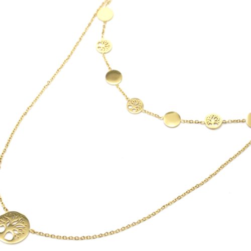 Collier-Double-Chaines-Pendentifs-Cercles-et-Arbres-de-Vie-Acier-Dore