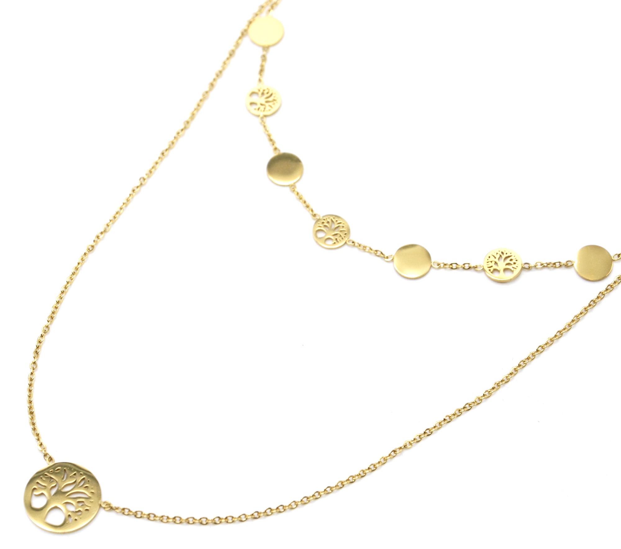 Collier-Double-Chaines-Pendentifs-Cercles-et-Arbres-de-Vie-Acier-Dore