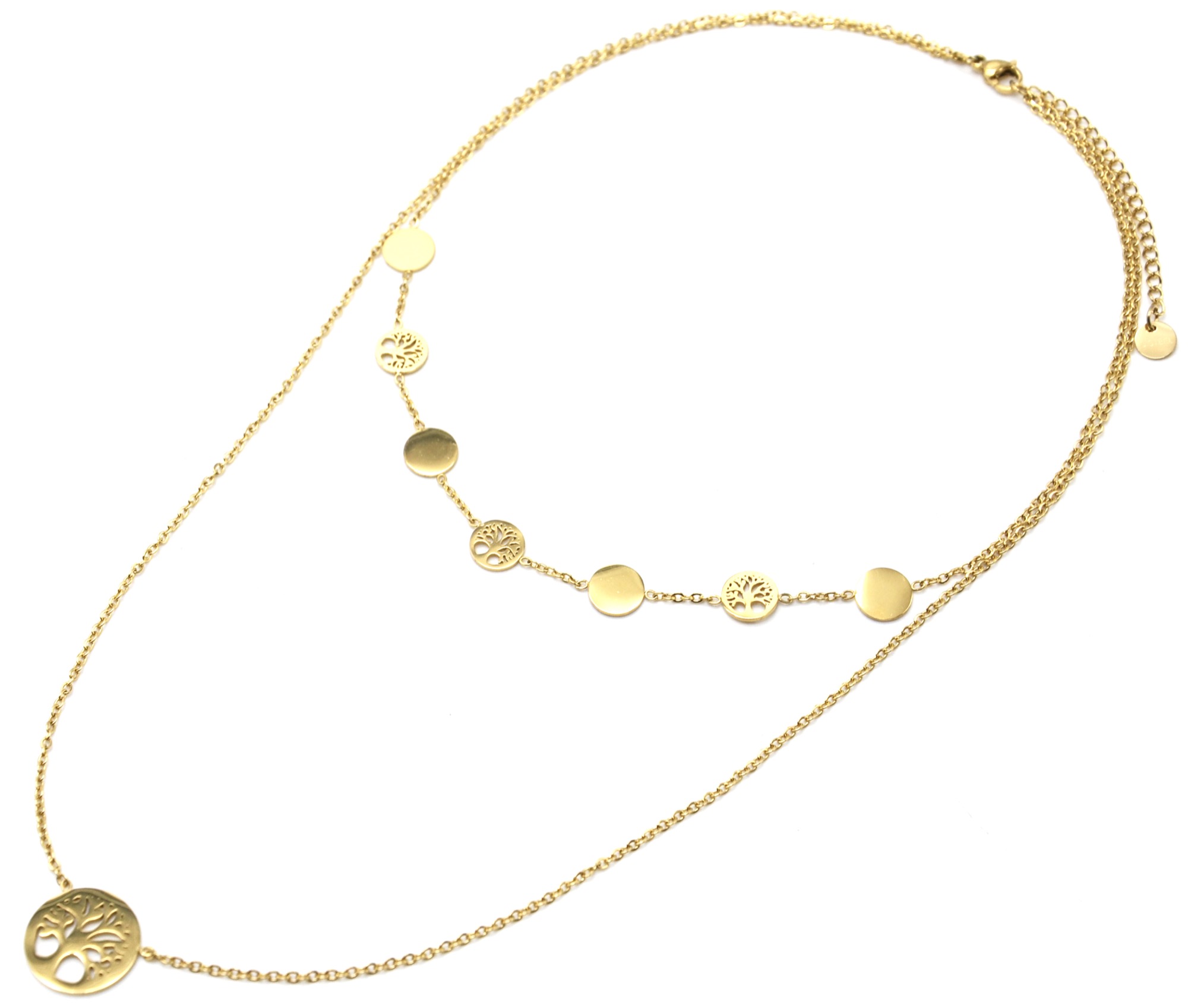 Collier-Double-Chaines-Pendentifs-Cercles-et-Arbres-de-Vie-Acier-Dore
