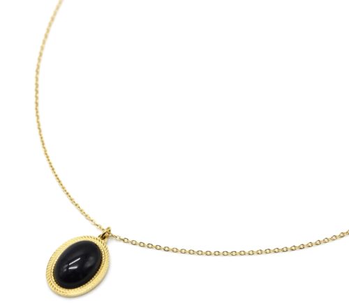 Collier-Fine-Chaine-Pendentif-Pierre-Ovale-Noire-Contour-Acier-Dore