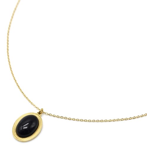 Collier-Fine-Chaine-Pendentif-Pierre-Ovale-Noire-Contour-Acier-Dore