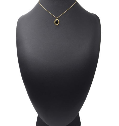 Collier-Fine-Chaine-Pendentif-Pierre-Ovale-Noire-Contour-Acier-Dore