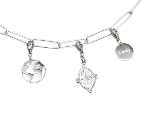 Charm-Globe-Medaille-Etoile-et-Medaille-Lucky-Acier-Argente