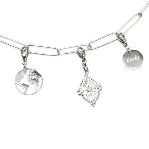 Charm-Globe-Medaille-Etoile-et-Medaille-Lucky-Acier-Argente