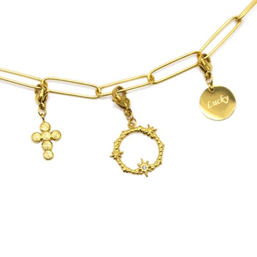 Charm-Croix-Ovale-Etoiles-et-Medaille-Lucky-Acier-Dore