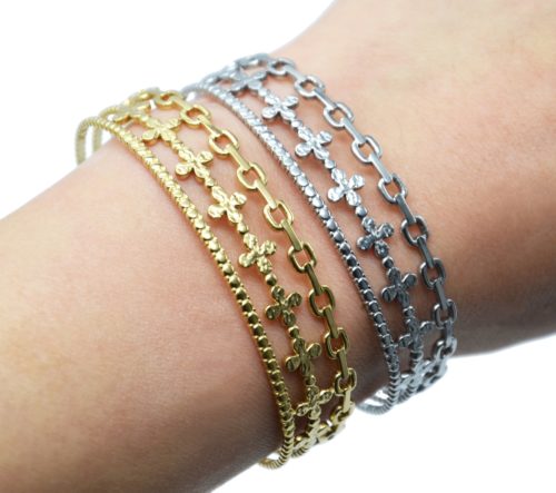 Bracelet-Manchette-3-Rangs-Maillons-Trefles-et-Cercles-Acier