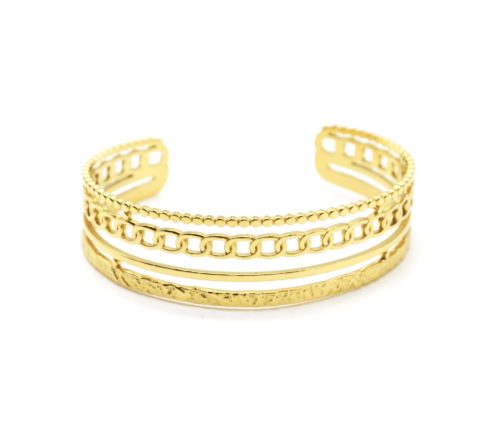 Bracelet-Manchette-4-Rangs-Cercles-Maillons-et-Martele-Acier-Dore