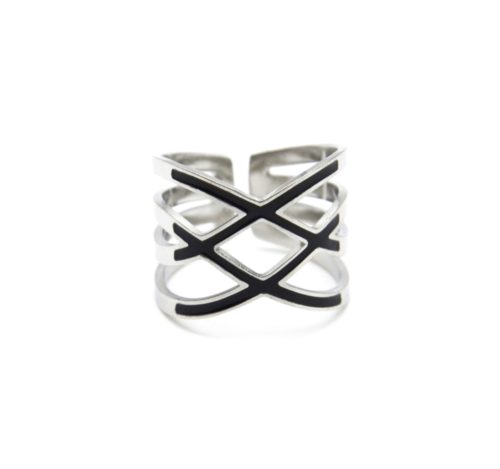 Bague-Large-Multi-Rangs-Croises-Acier-Argente-et-Bandes-Noires