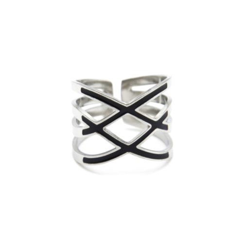 Bague-Large-Multi-Rangs-Croises-Acier-Argente-et-Bandes-Noires