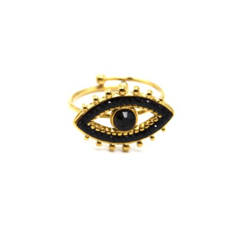 Bague-avec-Oeil-Contour-Billes-Acier-Dore-et-Strass-Noir