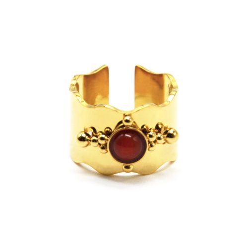 Bague-Large-Ondulee-Acier-Dore-avec-Pierre-Rouge-et-Motif-Billes