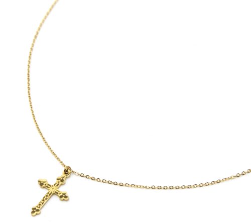 Collier-Fine-Chaine-Pendentif-Croix-Motif-Acier-Dore