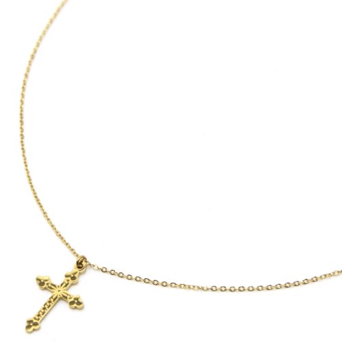 Collier-Fine-Chaine-Pendentif-Croix-Motif-Acier-Dore