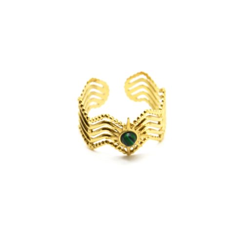 Bague-Large-Multi-Rangs-Zigzag-Etoile-Acier-Dore-et-Pierre-Verte