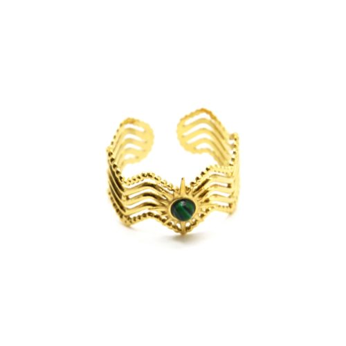 Bague-Large-Multi-Rangs-Zigzag-Etoile-Acier-Dore-et-Pierre-Verte