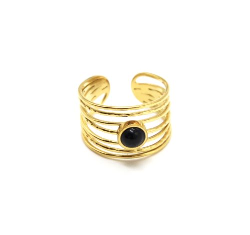 Bague-Large-Multi-Rangs-Marteles-Acier-Dore-et-Pierre-Noire