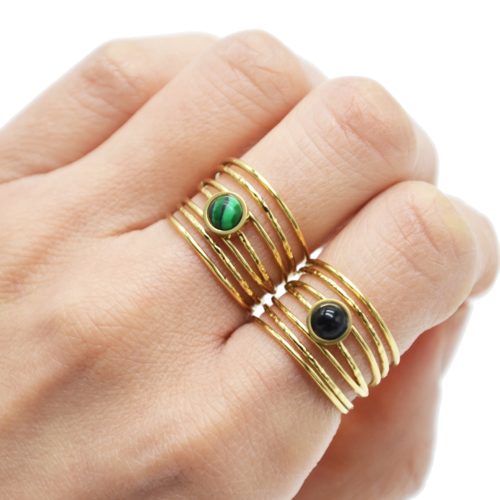 Bague-Large-Multi-Rangs-Marteles-Acier-Dore-et-Pierre