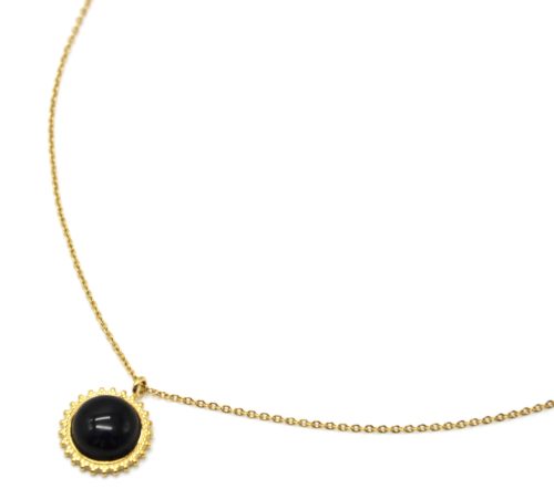 Collier-Fine-Chaine-Pendentif-Pierre-Ronde-Noire-Contour-Soleil-Acier-Dore