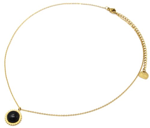 Collier-Fine-Chaine-Pendentif-Pierre-Ronde-Noire-Contour-Soleil-Acier-Dore