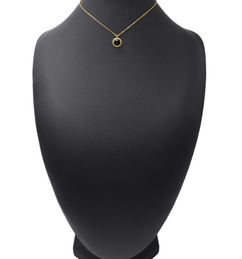 Collier-Fine-Chaine-Pendentif-Pierre-Ronde-Noire-Contour-Soleil-Acier-Dore