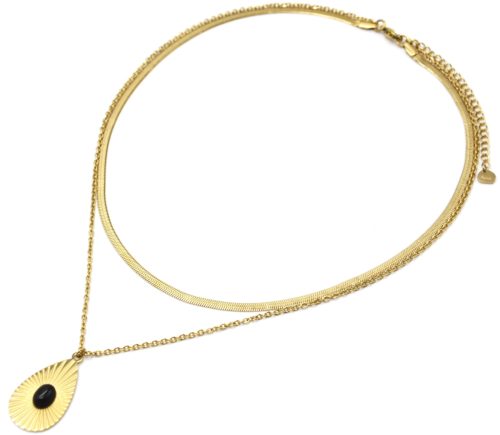 Collier-Double-Chaines-Serpent-avec-Goutte-Rayons-Acier-Dore-et-Pierre-Noire