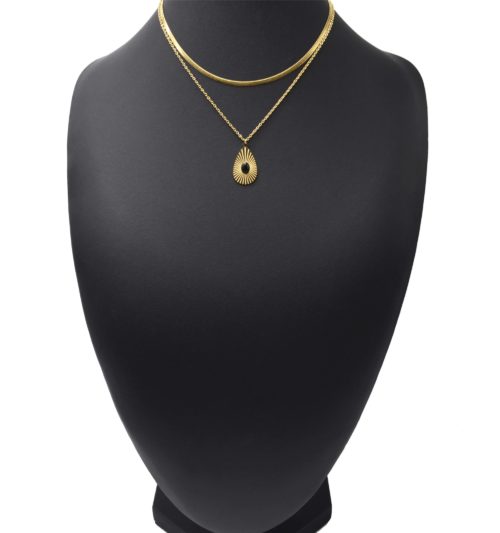 Collier-Double-Chaines-Serpent-avec-Goutte-Rayons-Acier-Dore-et-Pierre-Noire