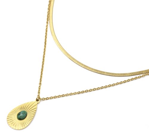 Collier-Double-Chaines-Serpent-avec-Goutte-Rayons-Acier-Dore-et-Pierre-Verte