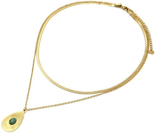 Collier-Double-Chaines-Serpent-avec-Goutte-Rayons-Acier-Dore-et-Pierre-Verte