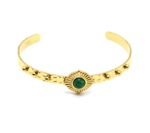 Bracelet-Jonc-Ouvert-Martele-Billes-et-Fleur-Acier-Dore-Pierre-Verte