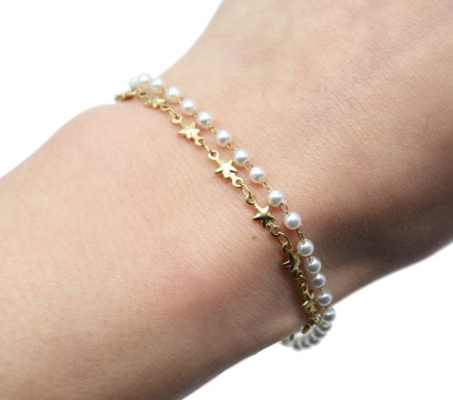 Bracelet-Double-Chaines-Etoiles-Acier-Dore-avec-Mini-Perles-Blanches