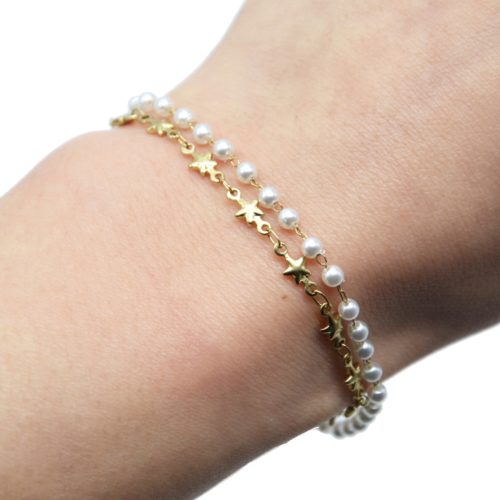 Bracelet-Double-Chaines-Etoiles-Acier-Dore-avec-Mini-Perles-Blanches