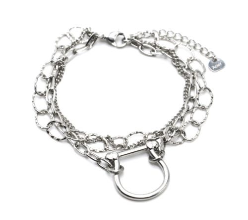 Bracelet-Triple-Chaines-Maillons-avec-Fer-a-Cheval-Acier-Argente